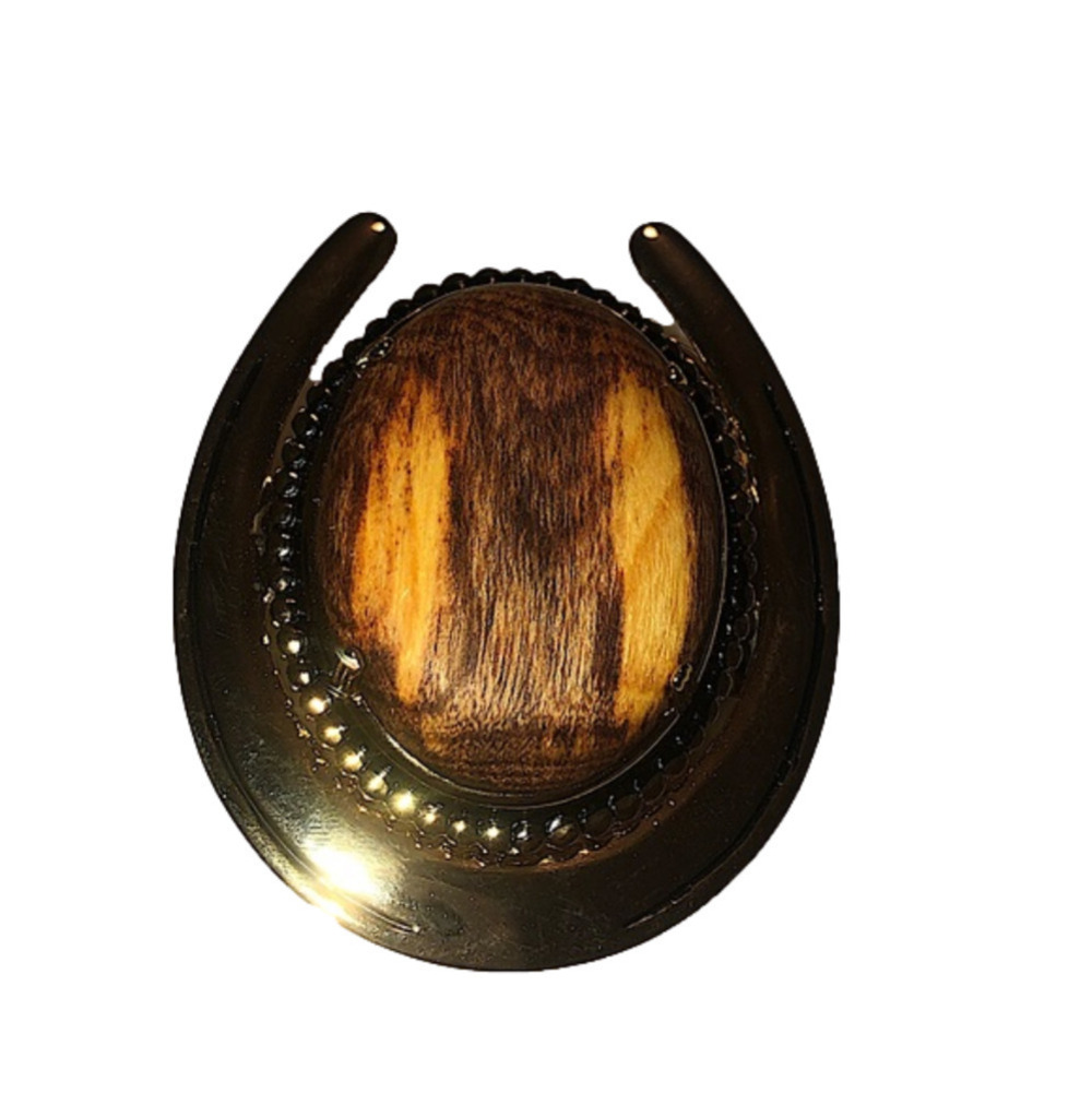 VTG Gold Tone Horshoe w Oval Wood Wooden Centre 1.9”